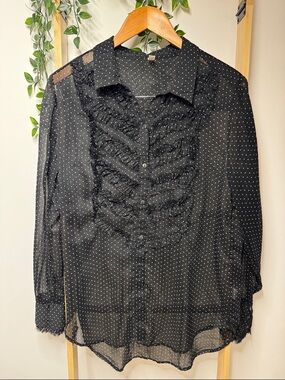 Free People Goth Romantic Sheer Black Polka Dot Button Up Chevron Ruffle